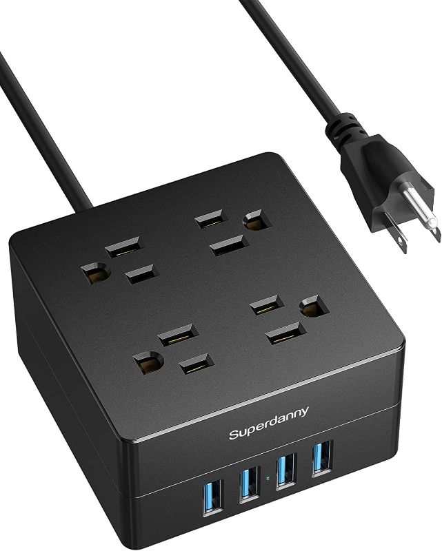 Photo 1 of Power Strip, SUPERDANNY 4-Outlet 4-USB Surge Protector, 5 Ft Extension Cord, 900 Joules, Overload Switch, Grounded, Mountable, Desktop Charging Station for Home, Office, School, Dorm, Computer, Black