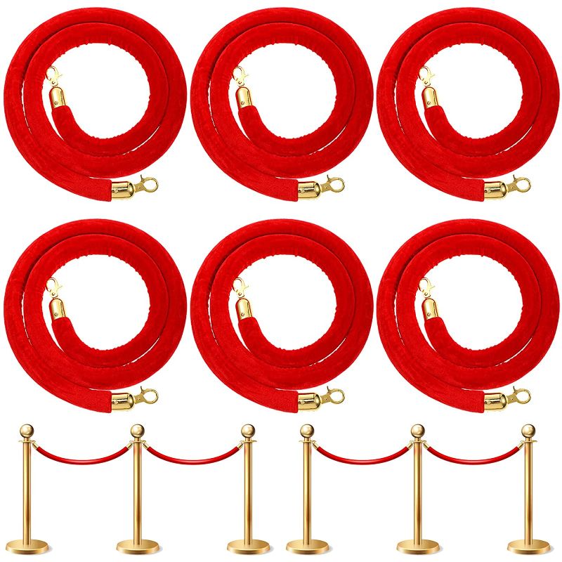 Photo 1 of 6 Pcs Velvet Stanchion Rope 6 Feet Crowd Control Barriers Hanging Event Rope with Polished Gold Hooks for Party Club Movie Theater Grand Openings Hotels Carpet Church Wedding Decorations (Red) 