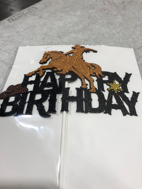 Photo 2 of Racing Horse Birthday Cake Topper Cowboy Dallas Rodeo Helmet Boot Shooting Mexican Western Theme Happy Birthday Party Supplies Black Sparkle Decorations