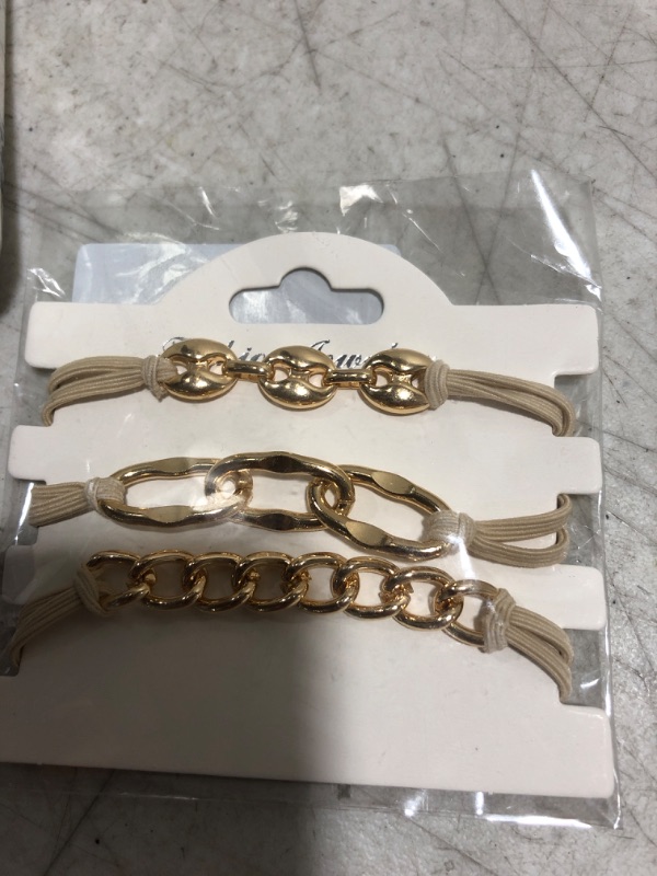 Photo 2 of 3 PCS Bracelet Hair Ties With Beige Elastic Hair Ties Bracelet with Gold Metal, Looks Cool On Your Wrist And Nice In Your Hair 2 in 1 Bracelet Ponytails Hair Holders Hair Ring (Gold) golden