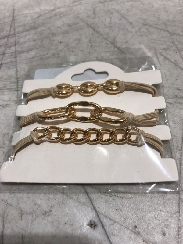 Photo 2 of 3 PCS Bracelet Hair Ties With Beige Elastic Hair Ties Bracelet with Gold Metal, Looks Cool On Your Wrist And Nice In Your Hair 2 in 1 Bracelet Ponytails Hair Holders Hair Ring (Gold) golden