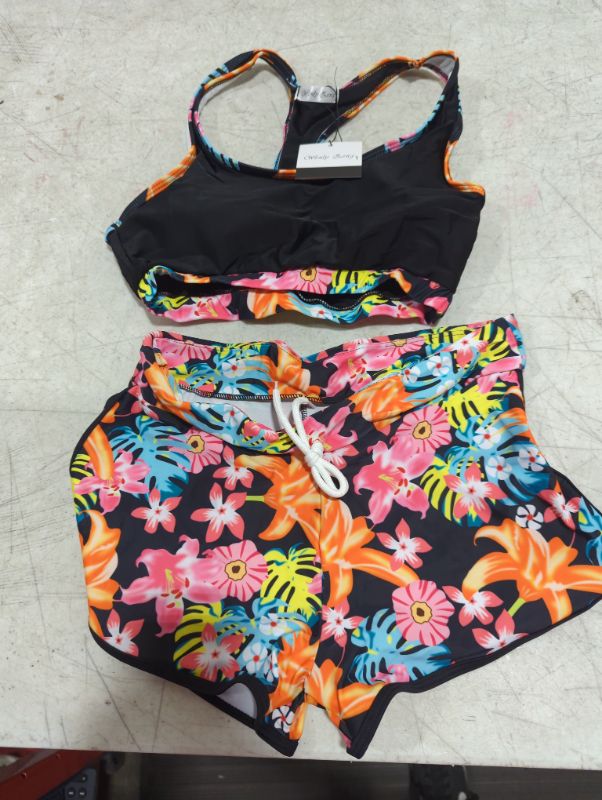 Photo 1 of 2 piece women's swimsuit black & floral - S