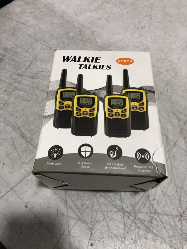 Photo 3 of Walkie Talkies with 22 FRS Channels, MOICO Walkie Talkies for Adults with LED Flashlight VOX Scan LCD Display, Long Range Family Walkie Talkie for Hiking Camping Trip (Yellow, 4 Pack)
