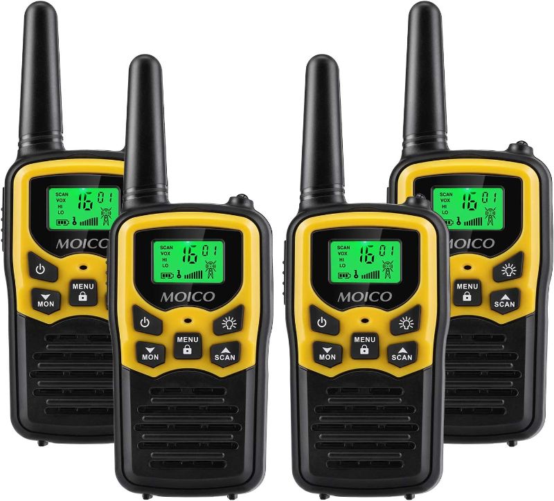 Photo 1 of Walkie Talkies with 22 FRS Channels, MOICO Walkie Talkies for Adults with LED Flashlight VOX Scan LCD Display, Long Range Family Walkie Talkie for Hiking Camping Trip (Yellow, 4 Pack)
