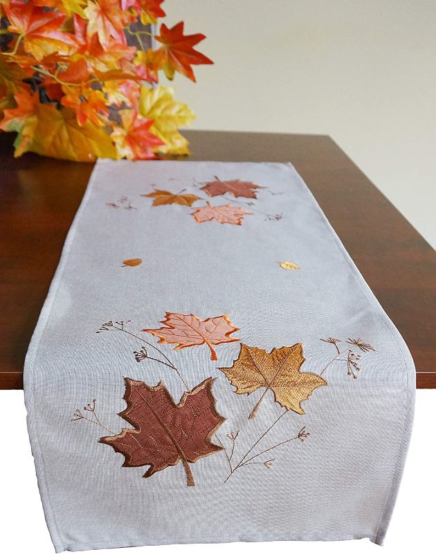 Photo 1 of GRANDDECO Thanksgiving Harvest Table Runner 13"x34",Embroidered Maple Leaves Dresser Scarf Table Cover, Autumn Or Fall Decorations
