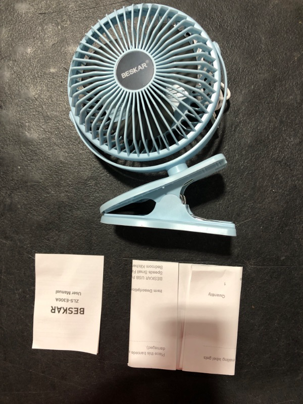 Photo 2 of BESKAR USB Powered Clip on Fan, 6 Inch Portable Fan with Strong Airflow,3 Speeds Small Fan with Sturdy Clamp, Quiet Personal Desk Fan for Office Table Bedroom Kitchen Sky Blue USB Cord Powered