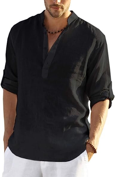 Photo 1 of COOFANDY Men's Cotton Linen Henley Shirt Long Sleeve Hippie Casual Beach T Shirts Black XL
