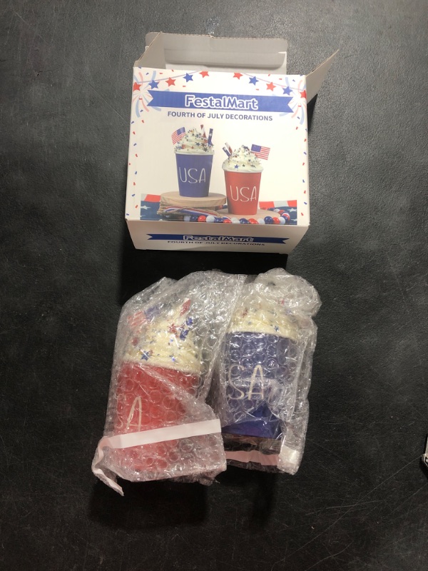 Photo 2 of 4th of July Decorations for Home-2PCS Cups with Faux Whipped Cream-Red and White Blue Patriotic Decor,Fourth of July Sign for Tiered Tray and Memorial Day Decor