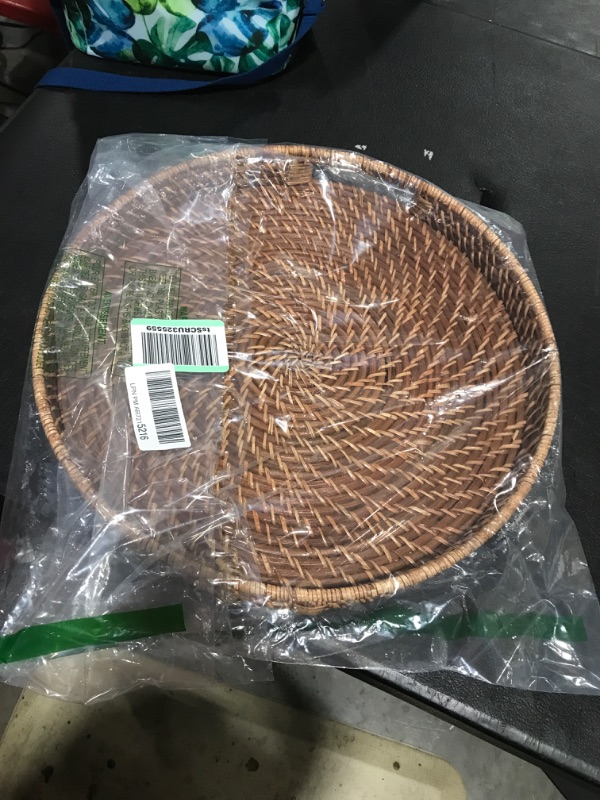 Photo 2 of 16.9 inch Rattan Tray, Round Wicker Tray with Cut-Out Handles, Woven Serving Tray for Dining/Coffee Table 16.9 inch (43cm)