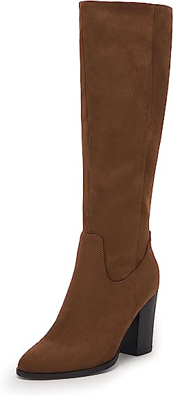 Photo 1 of (7.5)-Coutgo Womens Faux Suede Knee High Boots Side Zipper Chunky Heel Stretch Winter Boots 