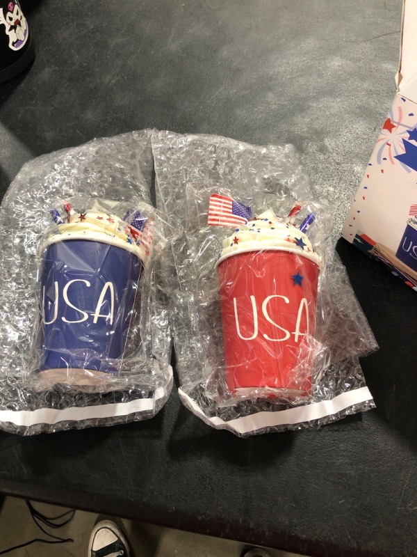 Photo 2 of 4th of July Decorations for Home-2PCS Cups with Faux Whipped Cream-Red and White Blue Patriotic Decor,Fourth of July Sign for Tiered Tray and Memorial Day Decor