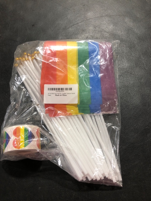 Photo 2 of 50 Pack Mini Hand Held Rainbow Pride flag with 500 Pcs Rainbow Heart LGBT Sticker for Party Decorations Supplies, Rainbow Festival