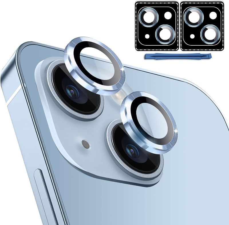 Photo 1 of QsmQam [2+2 Pack Camera Lens Protector for iPhone 14 6.1" & iPhone 14 Plus 6.7", Individual Metal Ring Tempered Glass Camera Cover, Ultra HD,Anti-Scratch, with Installation and Removal Aids(Blue) 2pk
