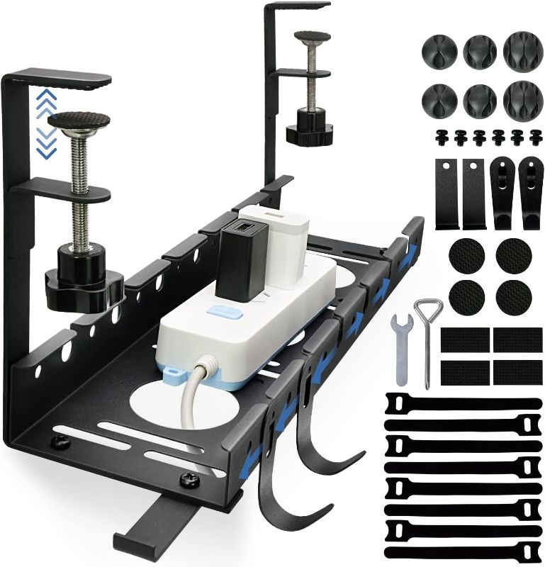 Photo 1 of Cable Management Under Desk, No Drill Cord Organizer for Office, Adjustable and Removable Under Desk Cable Management Tray with Clamp, 21.6 inches, Black
