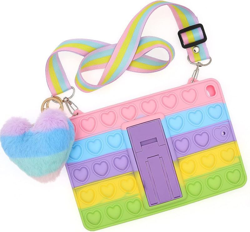 Photo 1 of [Lovely Rainbow Heart ] Kid‘s Popit Case Cute Silicone Case for iPad Mini 1/2/3 with Kickstand, Shoulder Strap and Pendant
