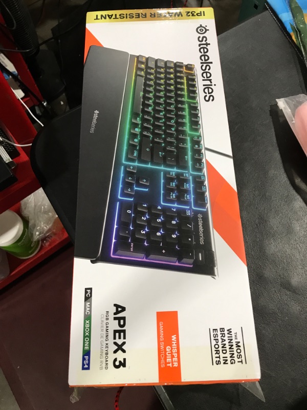 Photo 2 of SteelSeries Apex 3 RGB Gaming Keyboard – 10-Zone RGB Illumination – IP32 Water Resistant – Premium Magnetic Wrist Rest (Whisper Quiet Gaming Switch)
