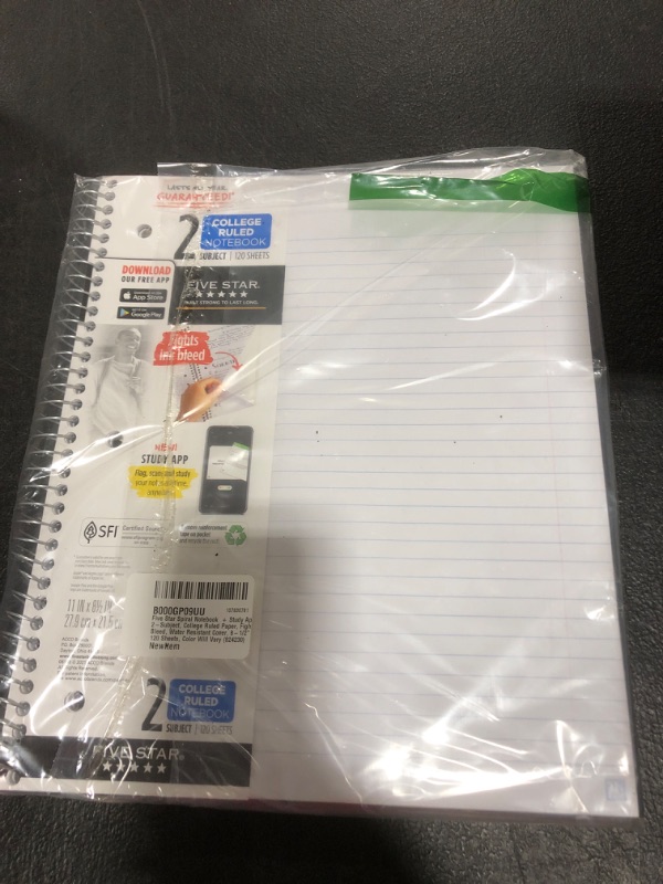 Photo 2 of Five Star Spiral Notebook + Study App, 2 Subject, College Ruled Paper, Fights Ink Bleed, Water Resistant Cover, 8-1/2" x 11", 120 Sheets, Color Will Vary (824230) PLEASE READ NOTES