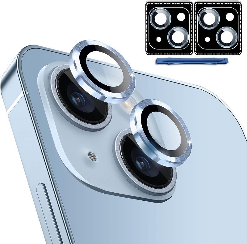 Photo 1 of QsmQam [2+2 Pack Camera Lens Protector for iPhone 14 6.1" & iPhone 14 Plus 6.7", Individual Metal Ring Tempered Glass Camera Cover, Ultra HD,Anti-Scratch, with Installation and Removal Aids(Blue)
