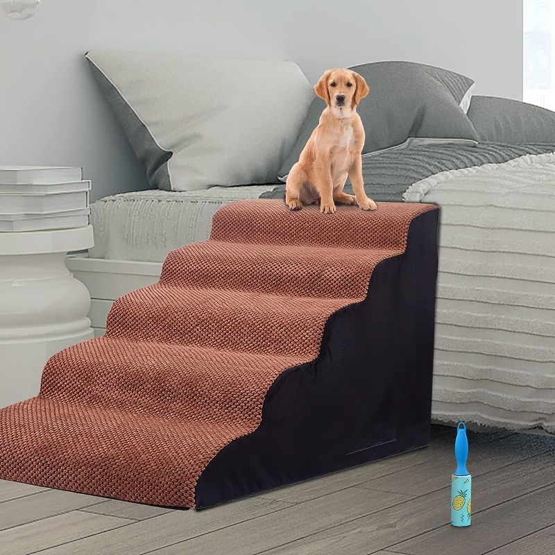 Photo 1 of 25inch Foam Dog Stairs for High Bed, Extra Wide 5 Tiers Dog Ramps, Pet Climbing Ladder is 19.4" Wide, Easy Carry with Sturdy Handle, Non-Slip Pet Step for Older Dogs,Cats, Rabbits -Brown