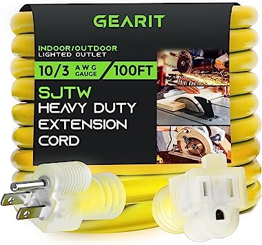 Photo 1 of GearIT 10/3 Outdoor Extension Cord (100 Feet) 10 AWG Gauge - 3 Prong Plug - SJTW Heavy Duty for Indoor/Outdoor - All Purpose Weather Resistant - Power Cord for Lawn, Garden, Appliances - 100ft
