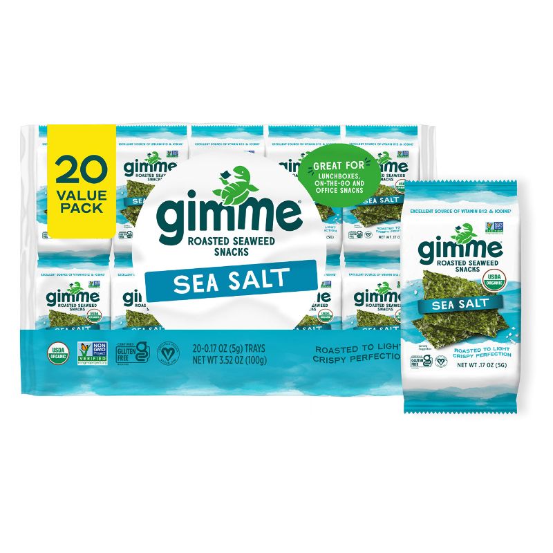 Photo 1 of  EXPIRED MAY 2023 gimMe - Sea Salt - 20 Count - Organic Roasted Seaweed Sheets - Keto, Vegan, Gluten Free - Great Source of Iodine & Omega 3’s - Healthy On-The-Go Snack for Kids & Adults #1 Sea Salt 6 packs in each box