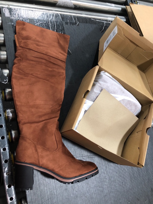 Photo 1 of Coutgo Women's Lug Sole Knee High Boots, Round Toe, Brown, Chunky Heal, Size 10
