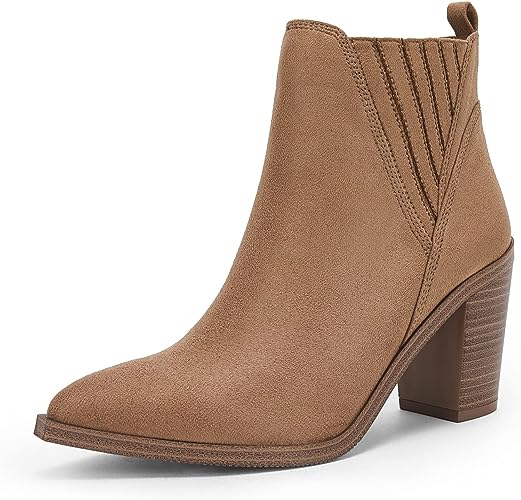 Photo 1 of Coutgo Womens Pointed Toe Ankle Boots Chunky Stacked Block Mid Heel Western Chelsea Booties