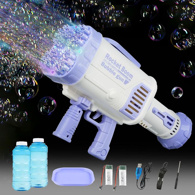 Photo 1 of Bloombloomme Bubble Guns, 64 Holes Giant Bubble Machine Gun with Colorful Lights, Electric Bubble Shooter Maker for Adults Kids Outdoor Indoor Birthday Wedding Party Toy Gift (Purple) 