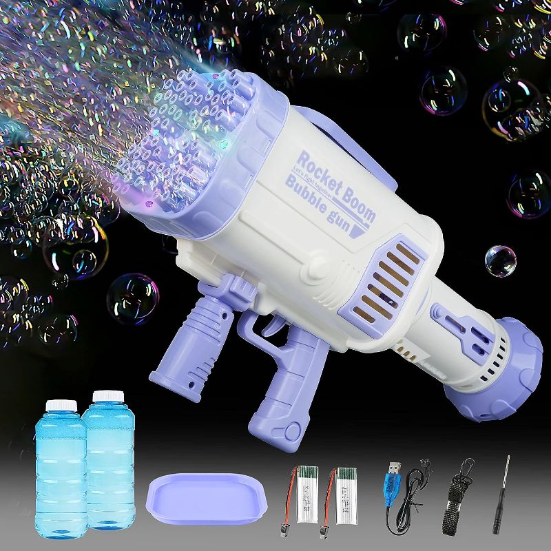 Photo 1 of Bubble Guns, 64 Holes Giant Bubble Machine Gun with Colorful Lights, Electric Bubble Shooter Maker for Adults Kids Outdoor Indoor Birthday Wedding Party Toy Gift (Purple)