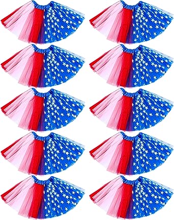 Photo 1 of Xuhal 10 Pcs Baby Girls Red White Blue Tutu 4th of July Skirt Independence Day Patriotic Princess Layered Ballet Tulle Tutu American Flag Skirt for Kids Toddler Costume for Running Dance Party
