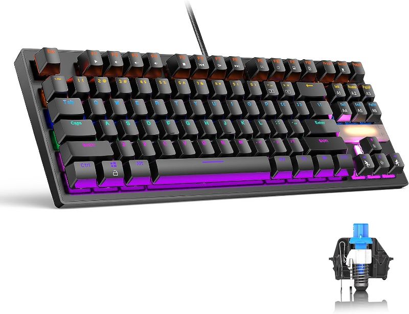 Photo 1 of SADES Mechanical Gaming Keyboard with Blue Switches, Wired LED Backlit Keyboard with 87 Keys Compact Computer Keyboard for Mac PC Laptop
