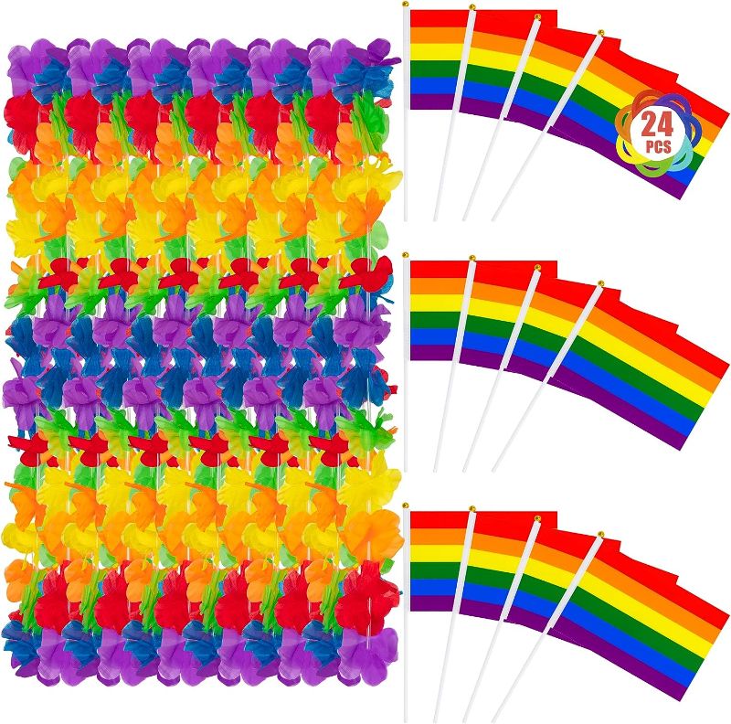 Photo 1 of 24 PCS Rainbow Pride Stuff, Including 12 PCS Pride Leis Necklaces & 12 PCS Rainbow Handheld Flags, Quality Polyester Pride Decorations for Gay Pride Month Parade Party Favors LGBT Event Cosplay