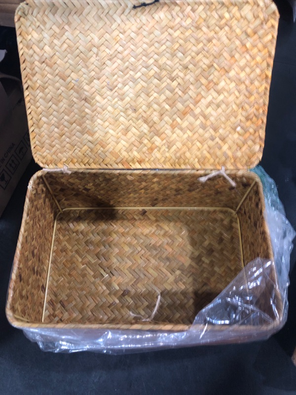 Photo 2 of Yesland Handwoven Seagrass Rattan Storage Basket - 11.5'' x 7.5'' x 5'' - Brown Rectangular Makeup Organizer / Container with Lid, Perfect for Decoration, Picnic, Groceries and Toy Storage