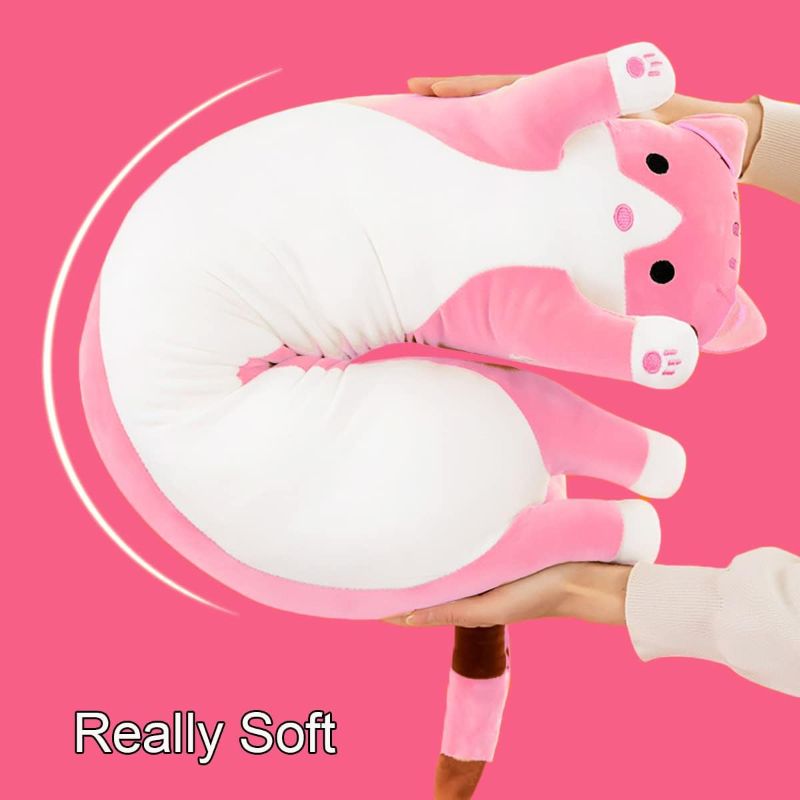 Photo 1 of Giant Cat Pillow Plush Cartoon Kitty Sleeping Hugging Pillow, Cuddly Soft Long Kitten Body Pillow Doll Cat Cushion Toy for Kids Girlfriend (Pink, 27" 