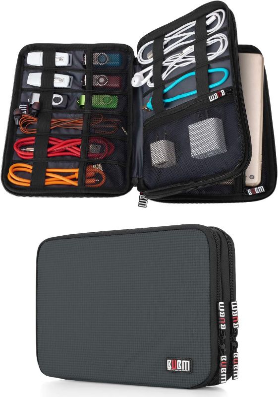 Photo 1 of BUBM Double Layer Electronic Accessories Organizer, Travel Gear Bag for Cables, USB Flash Drive, Plug and More, Perfect Size Fits for iPad Mini (Medium, Gray)
