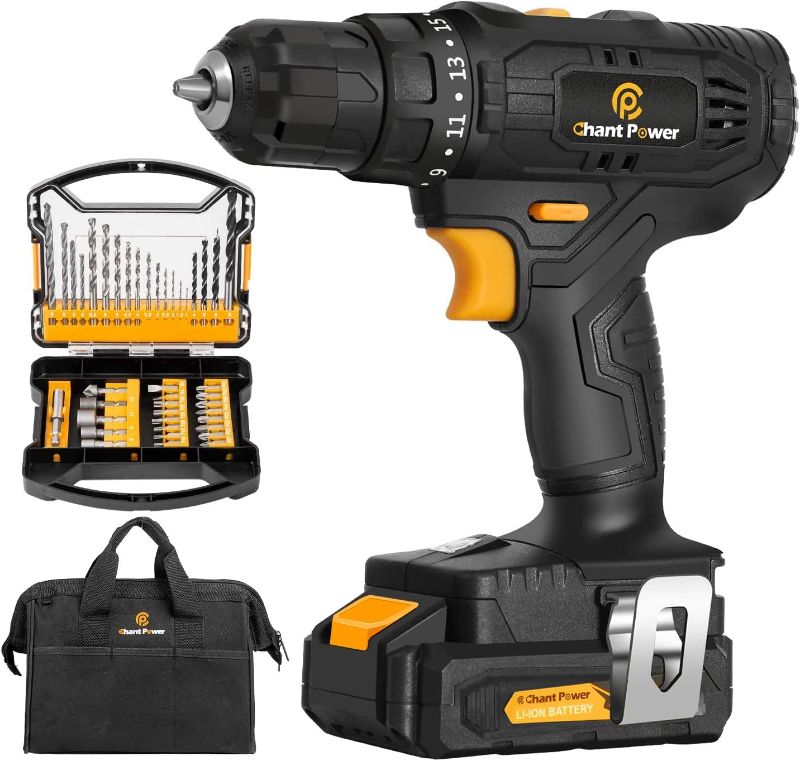 Photo 1 of Cordless Drill, 20V Max Lithium-Ion Drill Driver Kit with 2 Variable Speeds, 41pcs Accessories, 16+1 Torque Setting, Built-in LED for Drilling Wood, Soft Metal, Plastic, C P CHANTPOWER
