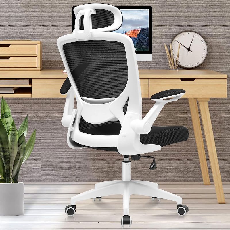 Photo 1 of KERDOM Ergonomic Office Chair, Breathable Mesh Desk Chair, Lumbar Support Computer Chair with Headrest and Flip-up Arms, Swivel Task Chair, Adjustable Height Gaming Chair, White