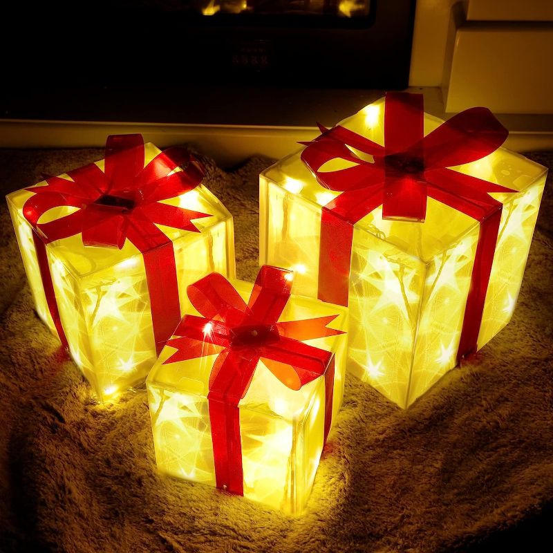 Photo 1 of 3 Pcs Christmas Lighted Gift Boxes Set Decorations, Ypfxvk Glowing Pre-lit Present Boxes Artificial Xmas Tree Skirt Ornament with Bows, Battery Operated Lights for Home Yard Tree Art Decor