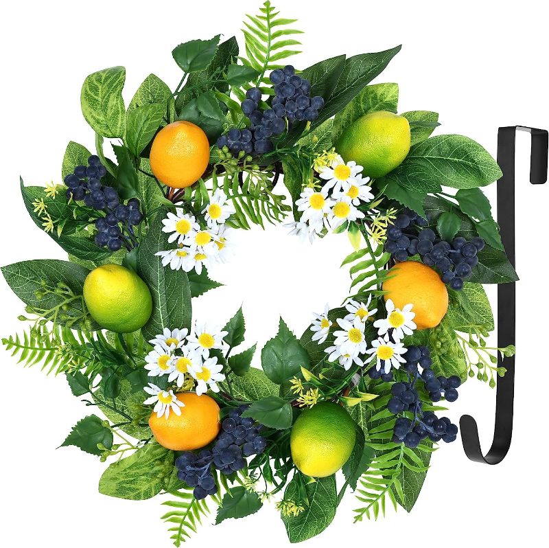 Photo 1 of 18 Inch Lemon Wreath for Front Door,Vlorart Spring Summer Wreath with Yellow Lemons,Blueberry and Artificial Green Eucalyptus Fern Leaves for Wall Window Farmhouse Indoor Outdoor Festival Home Decor