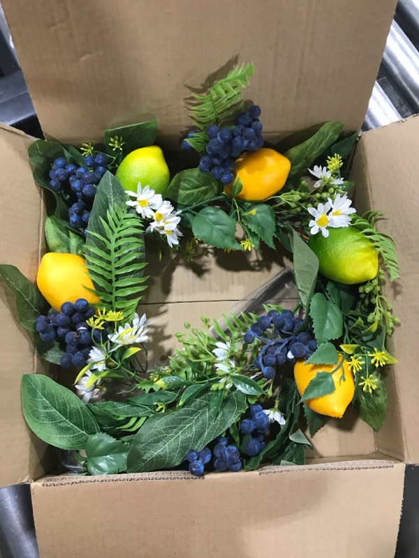 Photo 2 of 18 Inch Lemon Wreath for Front Door,Vlorart Spring Summer Wreath with Yellow Lemons,Blueberry and Artificial Green Eucalyptus Fern Leaves for Wall Window Farmhouse Indoor Outdoor Festival Home Decor