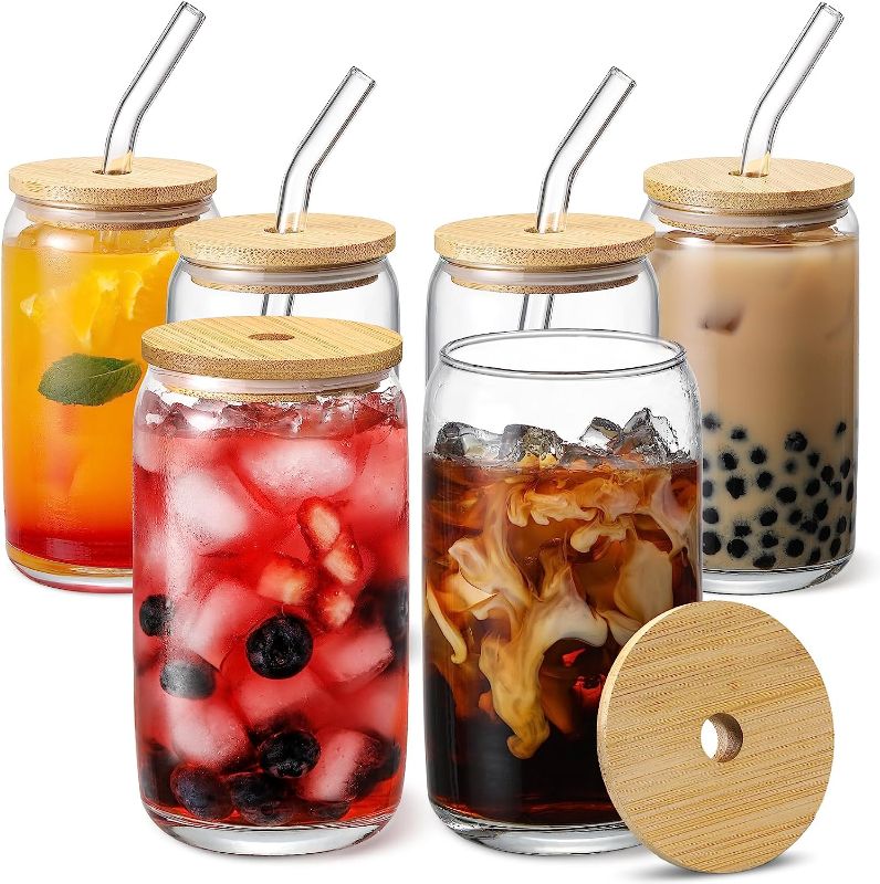 Photo 1 of 20 OZ Glass Cups with Bamboo Lids and Glass Straw - 4pcs Set Beer Can Shaped Drinking Glasses, Iced Coffee Glasses, Cute Tumbler Cup for Smoothie, Boba Tea, Whiskey, Water - 2 Cleaning Brushes