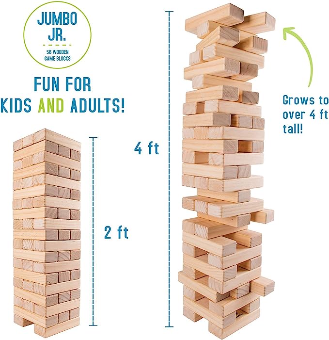 Photo 1 of Giant Tumbling Timber Toy - Jumbo JR. Wooden Blocks Floor Game for Kids and Adults, 56 Pieces, Premium Pine Wood, Carry Bag - Grows from 2-feet to Over 4-feet While Playing, Life Size Yard Tower Game