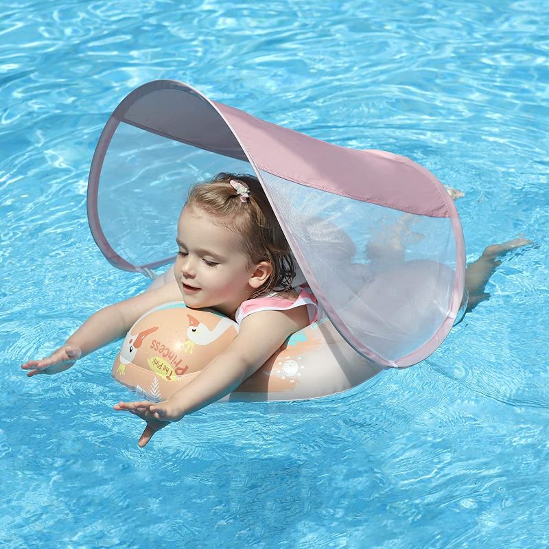 Photo 1 of Free Swimming Baby Infant Pool Float with Sun Canopy Size Improved Inflatable Swan Baby Floatie with Sponge Safety Bottom Support Water Toys Swim Trainer for Age of 3-72 Months (Pink, Small)