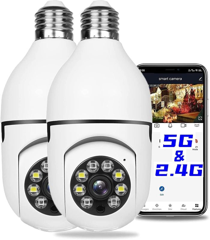 Photo 1 of 2Pcs Light Bulb Security Camera 2.4GHz & 5G WiFi Outdoor, 1080P E27 Light Socket Security Camera, Indoor 360° Home Security Cameras, Full Color Day and Night, Smart Motion Detection (2PCS, Support 5G)
