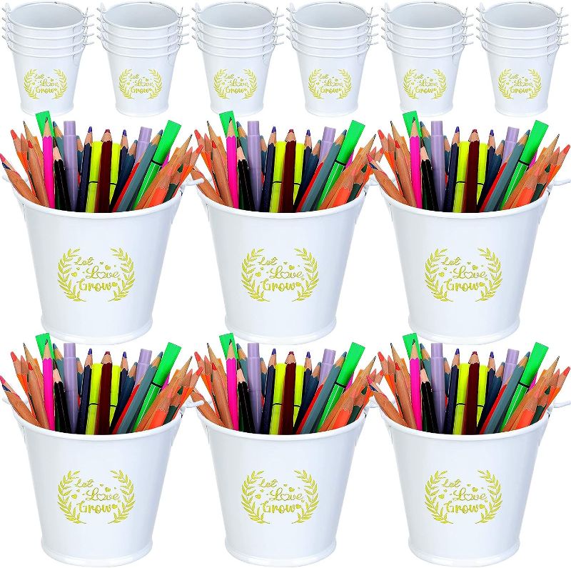 Photo 1 of 36 Pcs Multi Let Love Grow Mini Metal Bucket with Handle Bulk for Classroom Colorful Metal Bucket Organization for Teacher Metal Pail Crayon Caddy for Kids Party Favors, Use for Storage at Home 