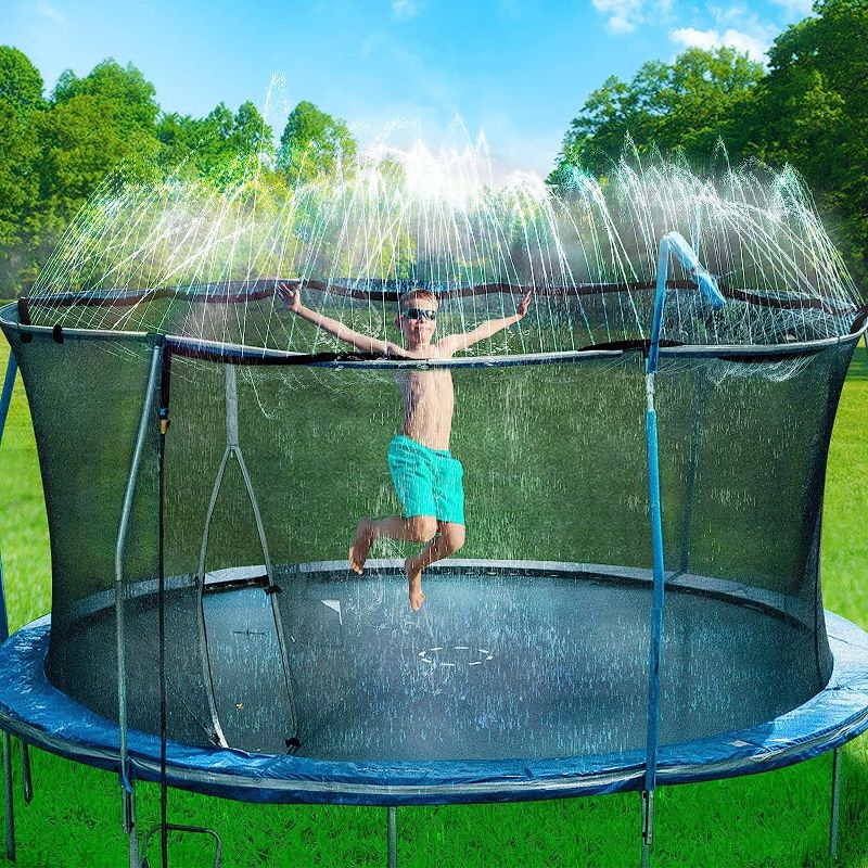 Photo 1 of Bobor Trampoline Sprinkler for Kids, Outdoor Backyard Water Park Fun Summer Outdoor Water Sprinkler Toys for Boys Girls (Black, 39ft) https://a.co/d/7sS3OZI 