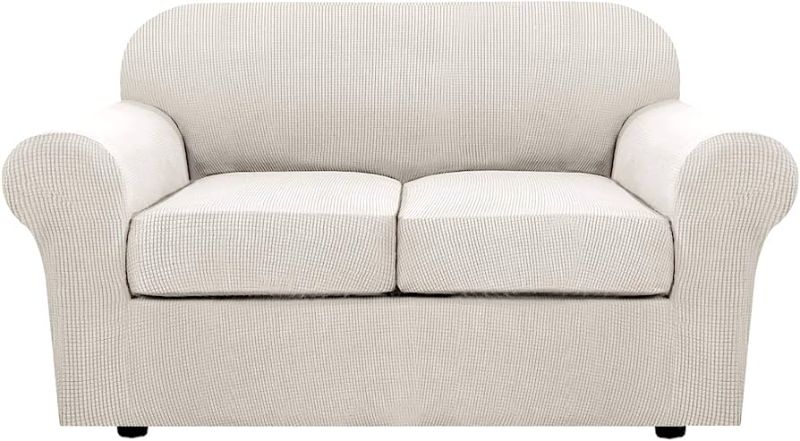 Photo 1 of 3 Piece Stretch Sofa Covers for 2 Cushion Loveseat Couch Covers for Living Room Sofa Slipcovers Furniture Cover (Base Cover Plus 2 Seat Cushion Covers) Thicker Jacquard Fabric(Medium Sofa, WHITE ) Medium WHITE 