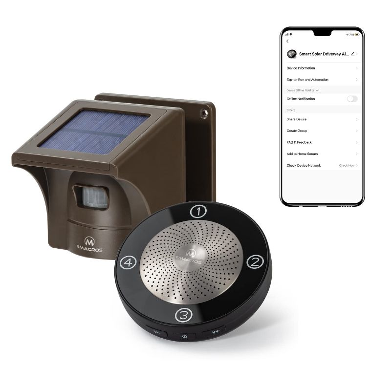 Photo 1 of eMACROS HS002 Pro 2 Smart Wireless Driveway Alarm with Phone App,1/2 Mile Solar-Powered Motion Sensor, App for Remote Arm/Disarm & Schedule Alerts & 27 Optional Chimes,1 Receiver and 1 Sensor