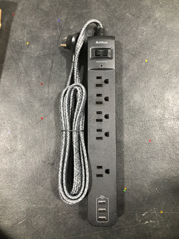 Photo 2 of 10 Ft Power Strip Surge Protector- 5 Outlets 3 USB Ports, Flat Plug Braided Extension Cord, Overload Surge Protection, Wall Mount for Hotel, Home and Office.