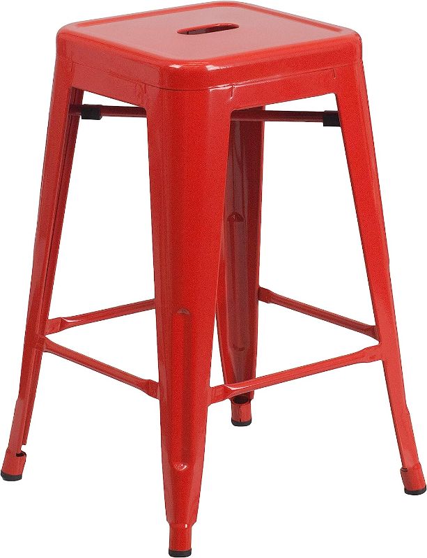 Photo 1 of  Commercial Grade 24" High Backless Red Metal Indoor-Outdoor Counter Height Stool with Square Seat